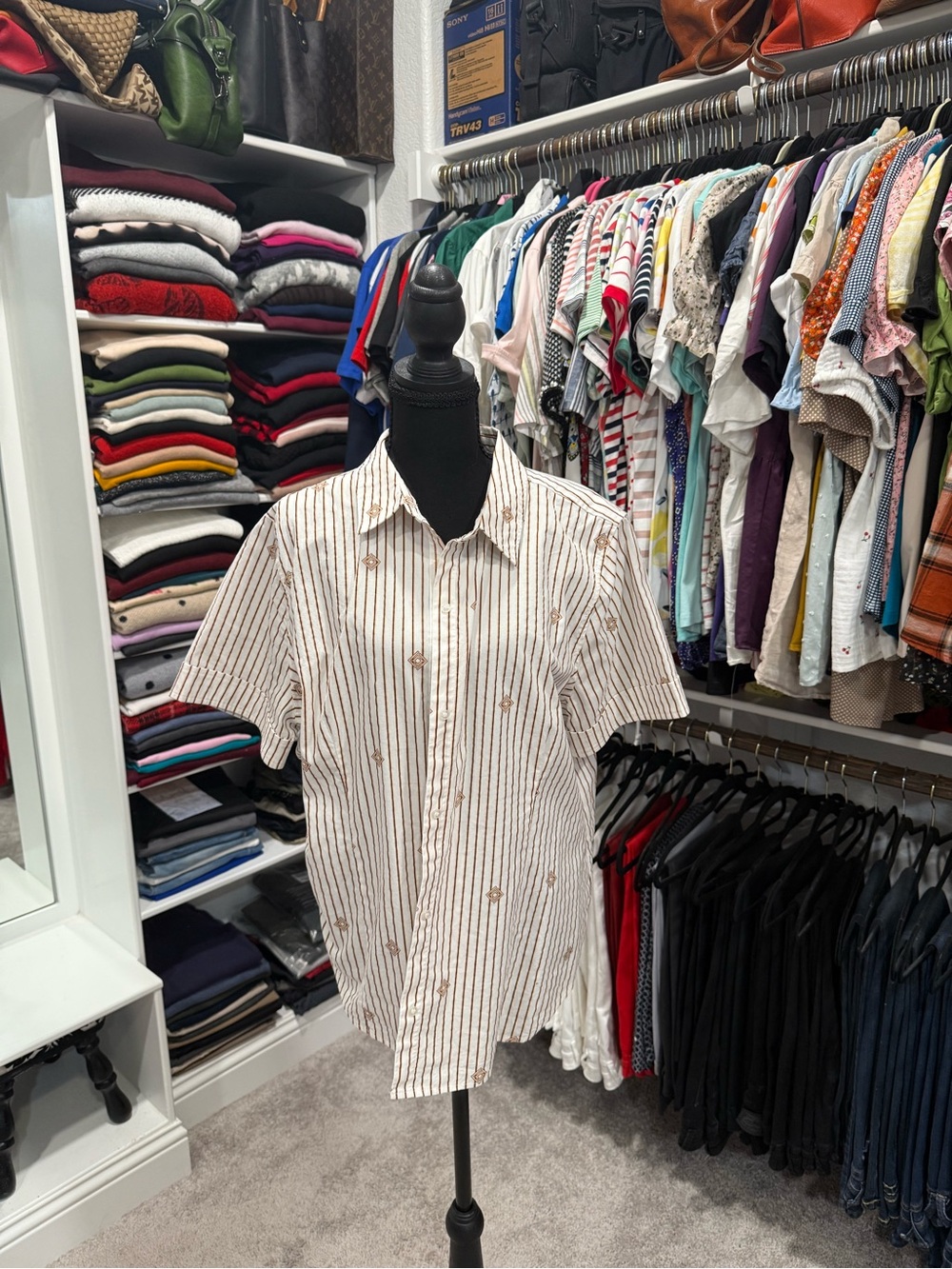 Liz Claiborne Cream Short-Sleeve Button-Down with Brown Pinstripes